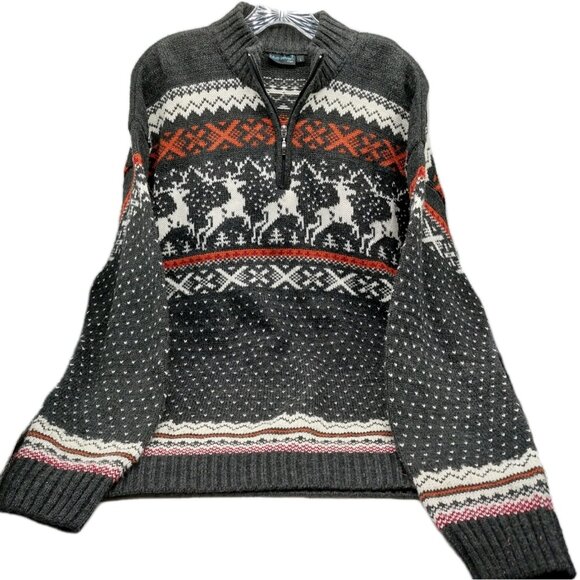 Blue Seven Men's Sweater Size Large Nordic Reindeer Wool Blend 1/4 Zip Multi-col - Picture 1 of 10